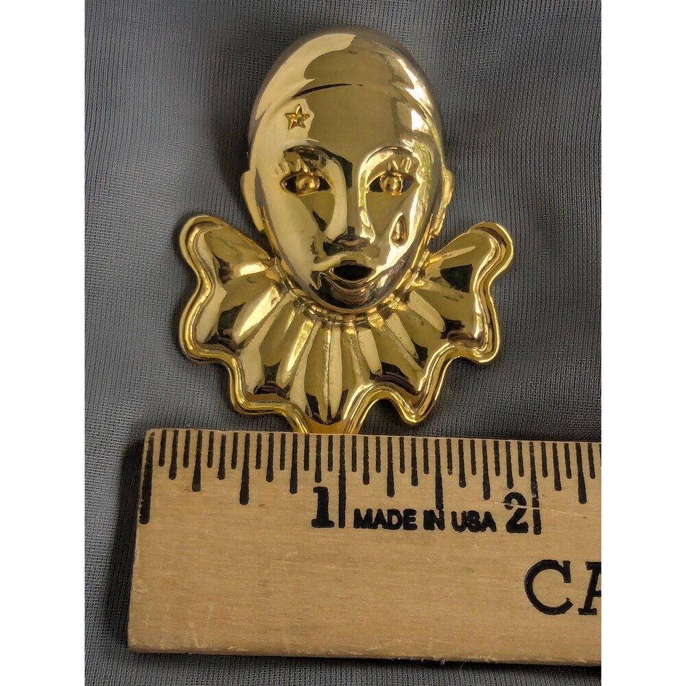 Vintage Theater Mask Brooch Gold Tone Mime Clown Pin Harlequin Jewelry Gift - Picture 4 of 5
